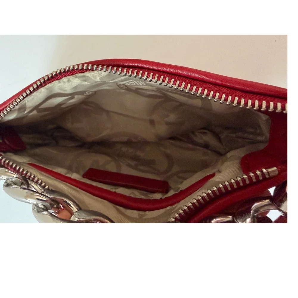Michael Kors Red Quilted Leather Chain Pouch Clutch Wristlet Silver Hardware